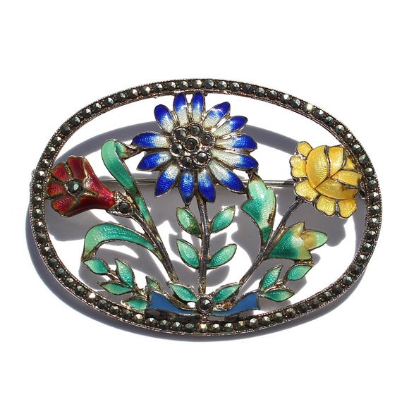 Art Deco Floral Brooch Marcasite Sterling Silver